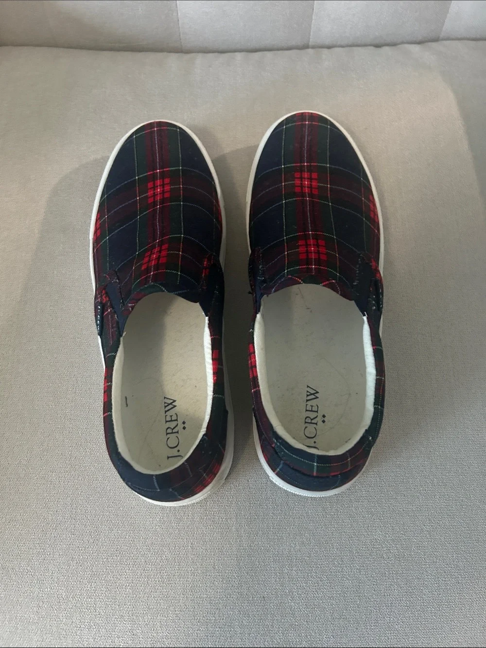 J. Crew women’s Plaid Slip-On Sneakers - Navy, Red & Green